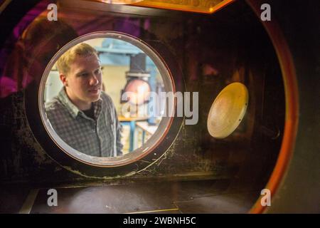 Orion aerosciences conducted over 30 U.S. tests to study spacecraft heating during re-entry, concluding at NASA Langley on February 4, 2019, with a 6-inch heat shield model in a Mach 6 wind tunnel, involving engineers from Langley, Johnson, and Ames centers. Stock Photo