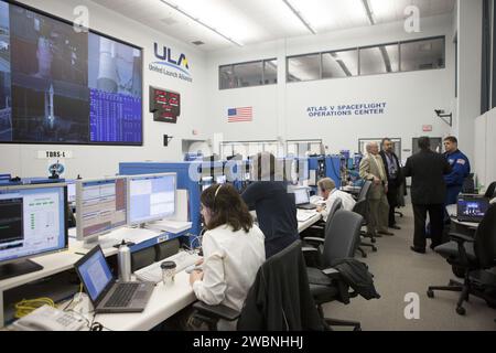 NASA and contractor engineers monitor the countdown for TDRS-L launch atop Atlas V at Cape Canaveral Spaceflight Operations Center. TDRS-L is the second of three satellites in the TDRSS fleet providing tracking, telemetry, command, and data services for NASA missions including Hubble and ISS. Stock Photo