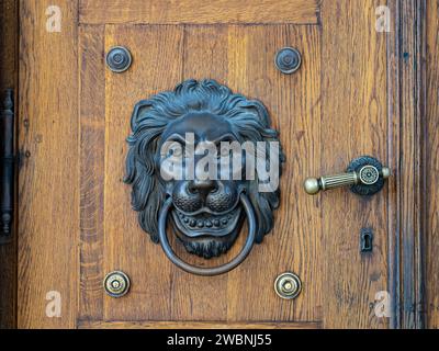 Lion head door knocker with classic style details on wooden door. Stock Photo