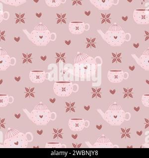 Hot chocolate seamless pattern, vector background print in light pink and brown colors Stock Vector