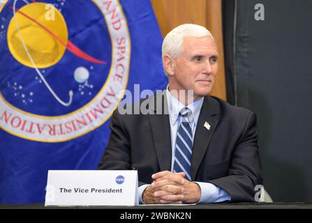 Vice President Mike Pence participates in a SpaceX Demonstration Mission 2 Launch Briefing at the Neil A. Armstrong Operations and Checkout Building following the departure of NASA astronauts Robert Behnken and Douglas Hurley for Launch Complex 39A to board a SpaceX Crew Dragon spacecraft for launch, Wednesday, May 27, 2020, at NASA’s Kennedy Space Center in Florida. NASA’s SpaceX Demo-2 mission is the first launch with astronauts of the SpaceX Crew Dragon spacecraft and Falcon 9 rocket to the International Space Station as part of the agency’s Commercial Crew Program. The test flight serves a Stock Photo
