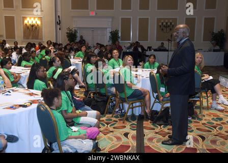 CAPE CANAVERAL, Fla. -- During a Minority Student Education Forum, former NASA Associate Administrator for Aeronautics Dr. Wesley Harris talks to hundreds of fifth- through 12th-grade students. The forum focused on encouraging students to pursue careers in science, technology, engineering and mathematics, or STEM, by featuring some of NASA's greatest legends and trailblazers. NASA's Education Office sponsored the forum as part of the agency's 'Summer of Innovation' initiative and the federal 'Education to Innovate' campaign. Stock Photo