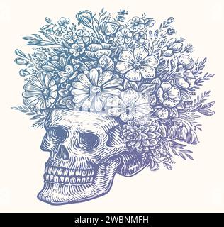 Human Skull with flowers, sketch drawing. Hand drawn vector illustration isolated on white background Stock Vector