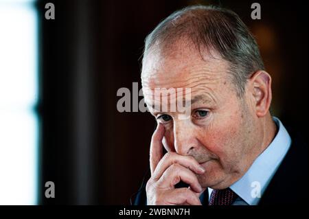 Bogota, Colombia. 11th Jan, 2024. Ireland's Deputy Prime Minister and Minister of Foreign Affairs and Defense, Micheal Martin, during a press conference at Bogota's San Carlos Palace on January 11, 2023. The deputy prime minister visited Colombia after marking 25 years of diplomatic ties between Colombia and Ireland, the deputy prime minister expressed support for President Gustavo Petro's peace process, and speaked about the israel-hamas war and the escalation of violence in Ecuador. Photo by: Sebastian Barros/Long Visual Press Credit: Long Visual Press/Alamy Live News Stock Photo