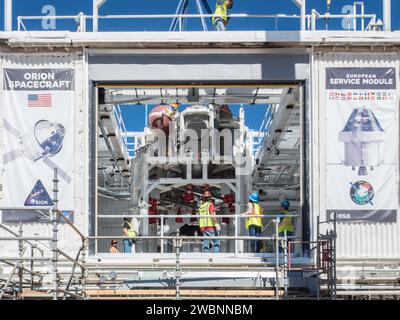 On Feb. 22, engineers successfully install ESA’s European Service Module Propulsion Qualification Module (PQM) at NASA’s White Sands Test Facility in New Mexico that was delivered by Airbus – ESA’s prime contractor for the Service Module. The module will be equipped with a total of 21 engines to support NASA’s Orion spacecraft: one U.S. Space Shuttle Orbital Maneuvering System (OMS) engine, eight auxiliary thrusters and 12 smaller thrusters produced by Airbus Safran Launchers in Germany. The all-steel PQM structure is used to test the propulsion systems on Orion, including “hot firing” of the Stock Photo