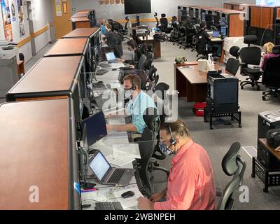 Inside the Launch Control Center’s Firing Room 1 at NASA’s Kennedy Space Center in Florida, members of the Artemis I launch team rehearse the procedures for fueling the Space Launch System (SLS) rocket with super cold propellants, or cryogenics, on Aug. 18, 2020. During the cryogenic simulation, potential problem scenarios were introduced to test the tools, processes, and procedures necessary for fueling the rocket. Artemis I will be the first integrated test flight of SLS and the Orion spacecraft – the system that will ultimately land the first woman and the next man on the Moon by 2024. Stock Photo