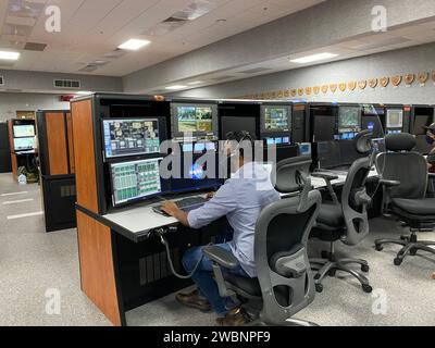 Inside the Launch Control Center’s Firing Room 1 at NASA’s Kennedy Space Center in Florida, members of the Artemis I launch team rehearse the procedures for fueling the Space Launch System (SLS) rocket with super cold propellants, or cryogenics, on Aug. 18, 2020. During the cryogenic simulation, potential problem scenarios were introduced to test the tools, processes, and procedures necessary for fueling the rocket. Artemis I will be the first integrated test flight of SLS and the Orion spacecraft – the system that will ultimately land the first woman and the next man on the Moon by 2024. Stock Photo