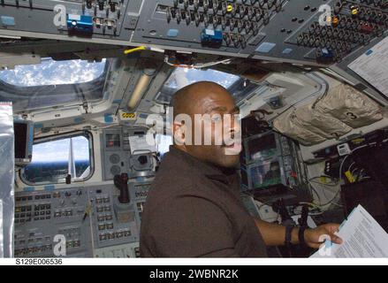 S129-E-006536 (17 Nov. 2009) --- Astronaut Leland Melvin, STS-129 mission specialist, is pictured on the aft flight deck of Space Shuttle Atlantis during flight day two activities. Stock Photo