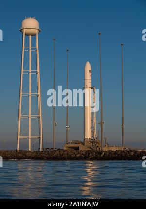 A Northrop Grumman Antares rocket carrying a Cygnus resupply spacecraft is seen at sunrise on Pad-0A, Sunday, Feb. 9, 2020, at NASA's Wallops Flight Facility in Virginia. Northrop Grumman’s 13th contracted cargo resupply mission with NASA to the International Space Station will deliver about 7,500 pounds of science and research, crew supplies and vehicle hardware to the orbital laboratory and its crew. The CRS-13 Cygnus spacecraft is named after the first African American astronaut, Major Robert Henry Lawrence Jr., and is scheduled to launch at 5:39pm EST. Stock Photo