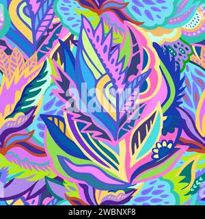 Colorful seamless pattern with chaotic floral and psychedelic abstract elements. Vector illustration. Stock Vector