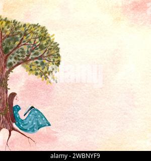 Hand-painted watercolor girl reading under a tree on peach bakground Stock Photo