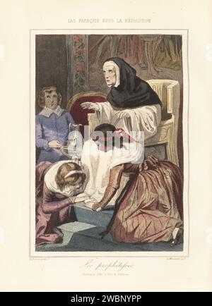 Clotilde Labrousse, or Suzette, revolutionary prophetess, 1747-1821. Two noble women kiss the feet of the visionary in the grand house of the mystic Duchess of Bourbon, Marie-Adelaide de Bourbon. Les Prophetesses. Handcoloured steel engraving by Leopold Massard after an illustration by Henri Baron from Augustin Challamel and Wilhelm Tenint’s Les Francais sous la Revolution, The French under the Revolution, Challamel, Paris, 1843. Stock Photo