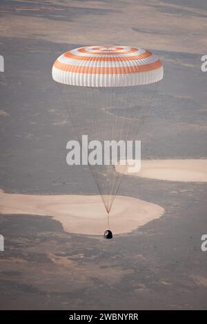The Soyuz TMA-21 spacecraft is seen as it lands with Expedition 28 Commander Andrey Borisenko, and Flight Engineers Ron Garan, and Alexander Samokutyaev in a remote area outside of the town of Zhezkazgan, Kazakhstan, on Friday, Sept. 16, 2011. NASA Astronaut Garan, Russian Cosmonauts Borisenko and Samokutyaev are returning from more than five months onboard the International Space Station where they served as members of the Expedition 27 and 28 crews. Stock Photo