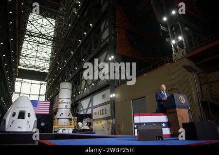 NASA Administrator Jim Bridenstine speaks inside the Vehicle Assembly Building following the launch of a SpaceX Falcon 9 rocket carrying the company's Crew Dragon spacecraft on NASA’s SpaceX Demo-2 mission with NASA astronauts Robert Behnken and Douglas Hurley onboard, Saturday, May 30, 2020, at NASA’s Kennedy Space Center in Florida. NASA’s SpaceX Demo-2 mission is the first launch with astronauts of the SpaceX Crew Dragon spacecraft and Falcon 9 rocket to the International Space Station as part of the agency’s Commercial Crew Program. The test flight serves as an end-to-end demonstration of Stock Photo