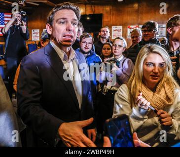 Ames, United States. 11th Jan, 2024. Florida Governor and Republican presidential candidate Ron DeSantis greets voters after speaking at Jethto's BBQ in Ames, Iowa, January 11, 2024. DeSantis appealed to the audience to vote for him when Iowa Republican voters gather to caucus on January 15th to select their candidate for US president. Photo by Tannen Maury/UPI Credit: UPI/Alamy Live News Stock Photo