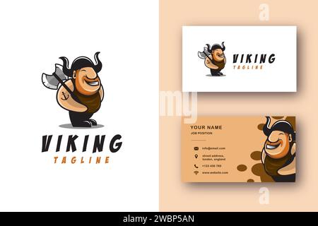 Cheerful viking mascot cartoon logo vector illustration and business card template Stock Vector