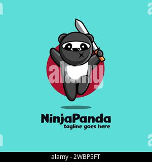 Fun playful jumping Ninja panda mascot cartoon logo icon vector illustration Stock Vector