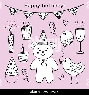 Kawaii birthday doodle set black and white stickers, cute vector items on light pink background Stock Vector