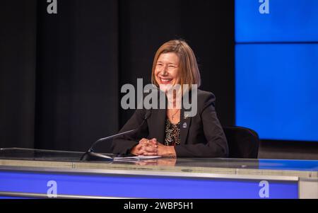 NASA’s Commercial Crew Program Manager, Kathy Lueders, participates in a postlaunch news conference inside the Press Site auditorium at the agency’s Kennedy Space Center in Florida on May 30, 2020, following the launch of NASA’s SpaceX Demo-2 mission to the International Space Station. Liftoff of the SpaceX Falcon 9 rocket and Crew Dragon spacecraft, carrying NASA astronauts Robert Behnken and Douglas Hurley, occurred at 3:22 p.m. EDT from historic Launch Complex 39A. Behnken and Hurley are the first astronauts to launch to the space station from U.S. soil since the end of the Space Shuttle Pr Stock Photo