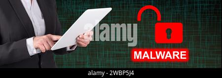 Woman using digital tablet with malware concept on background Stock Photo