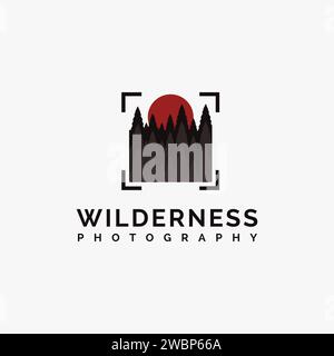 Wilderness photography logo with pine forest, sun and abstract square target of camera vector Stock Vector