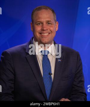 NASA Administrator Jim Bridenstine participates in a postlaunch news conference inside the Press Site auditorium at NASA’s Kennedy Space Center in Florida on May 30, 2020, following the launch of the agency’s SpaceX Demo-2 mission to the International Space Station. Liftoff of the SpaceX Falcon 9 rocket and Crew Dragon spacecraft, carrying NASA astronauts Robert Behnken and Douglas Hurley, occurred at 3:22 p.m. EDT from historic Launch Complex 39A. Behnken and Hurley are the first astronauts to launch to the space station from U.S. soil since the end of the Space Shuttle Program in 2011. Part Stock Photo