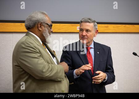 Kennedy Space Center Director Bob Cabana, at right, speaks with James Jennings, former NASA associate administrator for Institutions and Management and former Kennedy deputy director, during the center’s Black History Month celebration on Feb. 18, 2020. Jennings was the keynote speaker. The program was organized by the Black Employee Strategy Team (BEST), one of the center’s employee resource groups. This year’s theme was “African Americans and the Vote.” Jennings shared advice with workers and managers. Stock Photo