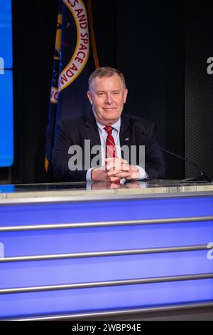 NASA Deputy Administrator Jim Morhard participates in a press briefing inside the Press Site auditorium on May 26, 2020, at the agency’s Kennedy Space Center in Florida ahead of NASA’s SpaceX Demo-2 launch, slated for Wednesday, May 27. A SpaceX Falcon 9 rocket and Crew Dragon spacecraft are scheduled to lift off from Kennedy’s Launch Complex 39A, carrying NASA astronauts Robert Behnken and Douglas Hurley to the International Space Station. This will mark the first launch of astronauts from U.S. soil to the space station since the conclusion of the Space Shuttle Program in 2011. Part of the ag Stock Photo