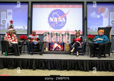 From left, NASA’s Kennedy Space Center Director Janet Petro, Kennedy Space Center Deputy Director Kelvin Manning, Kennedy Space Center Associate Director, Technical, Jennifer Kunz, and Kennedy Space Center Associate Director of Management Burt Summerfield participate in an employee town hall meeting held on Thursday, Dec. 7, 2023, at Kennedy’s Operations Support Building II. Kennedy’s executive leadership team donned holiday sweaters and competed for the title of “most festive” as they provided updates on center milestones, celebrated the year’s achievements, and answered questions from the wo Stock Photo