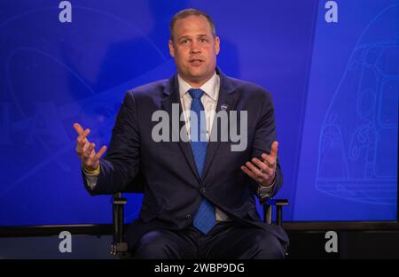 NASA Administrator Jim Bridenstine participates in a postlaunch news conference inside the Press Site auditorium at NASA’s Kennedy Space Center in Florida on May 30, 2020, following the launch of the agency’s SpaceX Demo-2 mission to the International Space Station. Liftoff of the SpaceX Falcon 9 rocket and Crew Dragon spacecraft, carrying NASA astronauts Robert Behnken and Douglas Hurley, occurred at 3:22 p.m. EDT from historic Launch Complex 39A. Behnken and Hurley are the first astronauts to launch to the space station from U.S. soil since the end of the Space Shuttle Program in 2011. Part Stock Photo