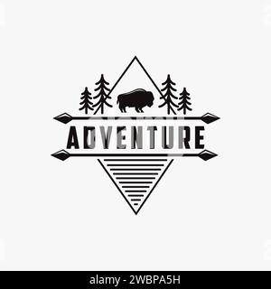 Minimalist outdoor adventure badge logo with pine trees, bison and arrow vector illustration on white background Stock Vector