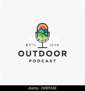 Minimalist microphone and outdoor landscape, nature adventure explorer podcast logo icon vector on white background Stock Vector