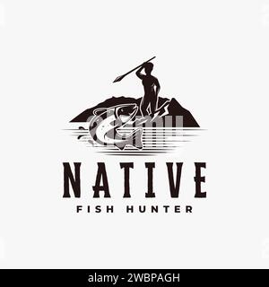 Vintage native hunter logo with a man aiming fish illustration vector on white background Stock Vector