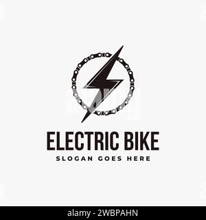 Abstract minimalist electric bicycle, electric bike logo icon vector illustration with chains and electrical bolt concept. Stock Vector