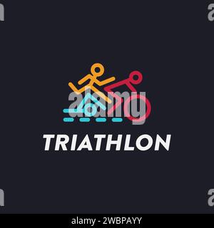 Minimalist Triathlon endurance multisport race, swimming, cycling, and running logo vector on dark background Stock Vector
