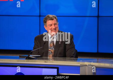 NASA’s International Space Station Program Manager, Kirk Shireman, participates in a postlaunch news conference inside the Press Site auditorium at the agency’s Kennedy Space Center in Florida on May 30, 2020, following the launch of NASA’s SpaceX Demo-2 mission to the International Space Station. Liftoff of the SpaceX Falcon 9 rocket and Crew Dragon spacecraft, carrying NASA astronauts Robert Behnken and Douglas Hurley, occurred at 3:22 p.m. EDT from historic Launch Complex 39A. Behnken and Hurley are the first astronauts to launch to the space station from U.S. soil since the end of the Spac Stock Photo