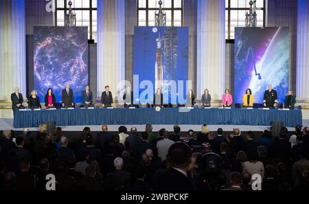 Vice President Kamala Harris, center, is seen with members of the National Space Council during  the council’s third meeting, Wednesday, Dec. 20, 2023, at the Andrew W. Mellon Auditorium in Washington. Chaired by Vice President Kamala Harris, the council's role is to advise the President regarding national space policy and strategy, and ensuring the United States capitalizes on the opportunities presented by the country’s space activities. Stock Photo