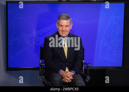 Kennedy Space Center Director Bob Cabana participates in a press briefing inside the Press Site auditorium on May 26, 2020, at Kennedy ahead of NASA’s SpaceX Demo-2 launch, slated for Wednesday, May 27. A SpaceX Falcon 9 rocket and Crew Dragon spacecraft are scheduled to lift off from Kennedy’s Launch Complex 39A, carrying NASA astronauts Robert Behnken and Douglas Hurley to the International Space Station. This will mark the first launch of astronauts from U.S. soil to the space station since the conclusion of the Space Shuttle Program in 2011. Part of the agency’s Commercial Crew Program, th Stock Photo