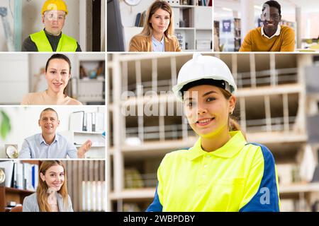 Screen of video conference between managers and engineers Stock Photo