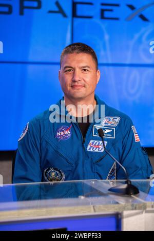 NASA astronaut Kjell Lindgren participates in a press briefing inside the Press Site auditorium on May 26, 2020, at the agency’s Kennedy Space Center in Florida ahead of NASA’s SpaceX Demo-2 launch, slated for Wednesday, May 27. A SpaceX Falcon 9 rocket and Crew Dragon spacecraft are scheduled to lift off from Kennedy’s Launch Complex 39A, carrying NASA astronauts Robert Behnken and Douglas Hurley to the International Space Station. This will mark the first launch of astronauts from U.S. soil to the space station since the conclusion of the Space Shuttle Program in 2011. Part of the agency’s C Stock Photo