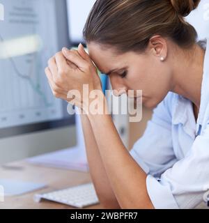 Frustrated woman, computer and stress in office for bankruptcy risk, stock market crash and financial crisis. Worried female worker with anxiety Stock Photo