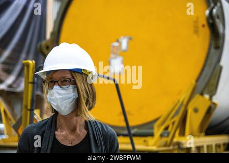 Kathy Lueders, NASA’s associate administrator for Human Exploration and Operations, views Artemis hardware inside the Rotation, Processing and Surge Facility (RPSF) at the agency’s Kennedy Space Center in Florida on June 25, 2020. Manufactured by Northrop Grumman in Utah, the solid rocket booster segments for the Space Launch System rocket are in view. The first in a series of increasingly complex missions, Artemis I will test the Orion spacecraft and SLS as an integrated system ahead of crewed flights to the Moon. Stock Photo