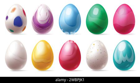Easter eggs colorful set vector design. Easter egg collection in water color paint, glossy pattern and prints 3d realistic decoration elements. Vector Stock Vector