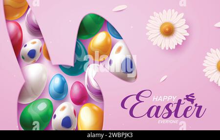Happy easter greeting vector design. Happy easter text greeting in purple background with papercut bunny shape and colorful printed eggs decoration Stock Vector