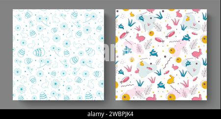 Easter seamless pattern vector set design. Easter egg greeting card collection in elegant printed pattern, bunny doodle and egg hand drawn wallpaper Stock Vector