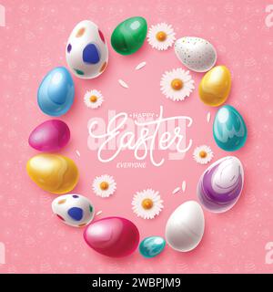 Happy easter eggs vector design. Happy easter greeting text in pink space with colorful, printed and glossy eggs for kids fun hunt decoration elements Stock Vector