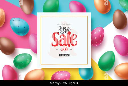 Easter sale text vector banner template. Easter sale special offer discount text in frame border space with colorful eggs decoration elements Stock Vector