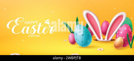 Happy easter text vector banner design. Happy easter greeting card with colorful eggs and bunny ears in yellow background for kids egg hunt Stock Vector