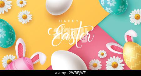 Happy easter text vector template design. Happy easter greeting card with cute eggs, flowers and bunny ears for holiday season celebration background. Stock Vector