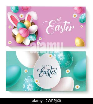 Happy easter text vector banner set. Happy easter greeting card with cute bunny ears and color pastel eggs for kids fun hunt celebration collection Stock Vector